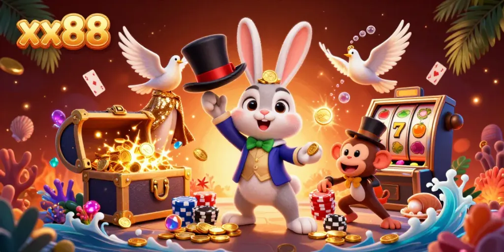 Experience the magic of xx88 with a playful rabbit, dove, and monkey in a vibrant casino scene.