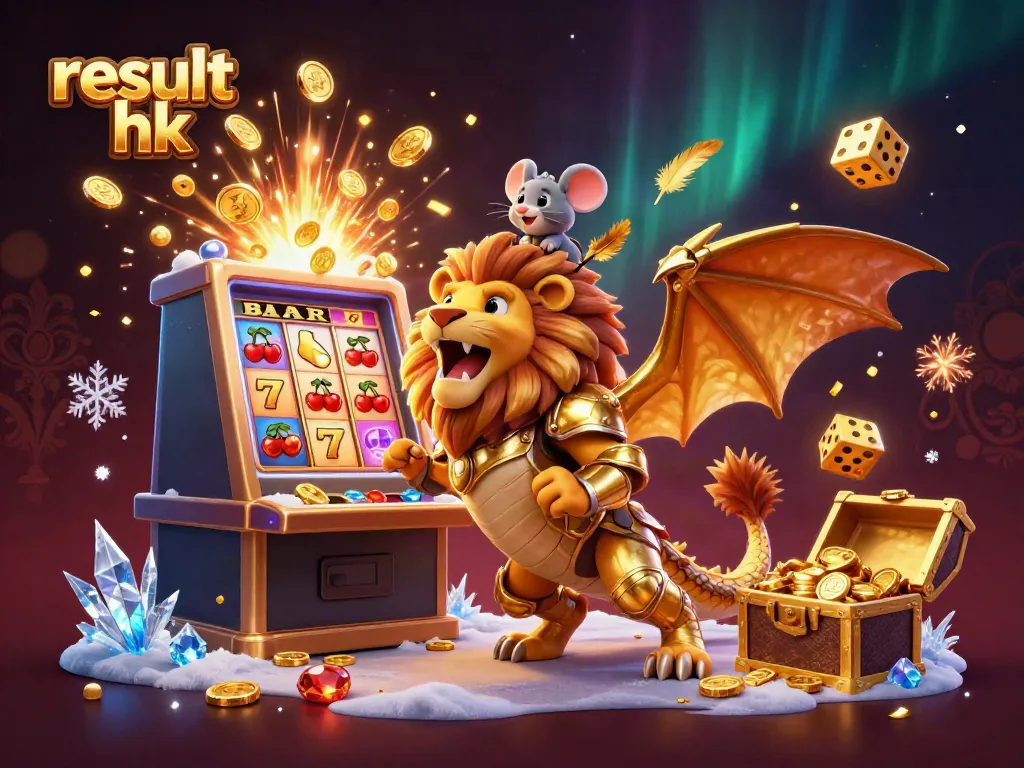 Hasil live draw hk dengan chimera emas, mouse joki, dan mesin slot spektakuler dalam ilustrasi 3D.