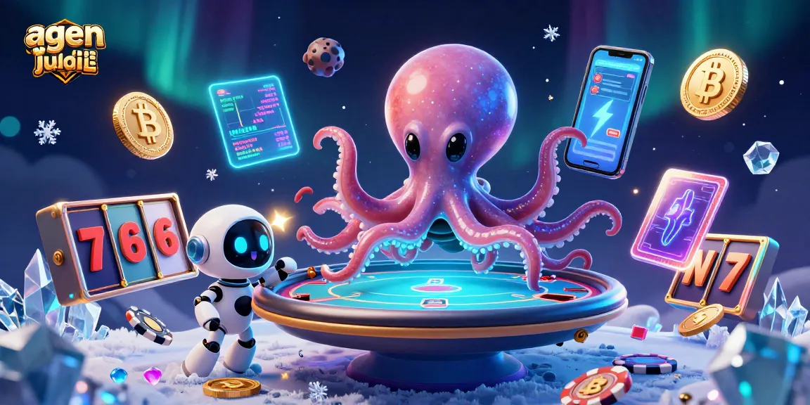 Experience thrilling gameplay at agen judi bola with a cosmic octopus and a tiny robot in a vibrant casino scene.