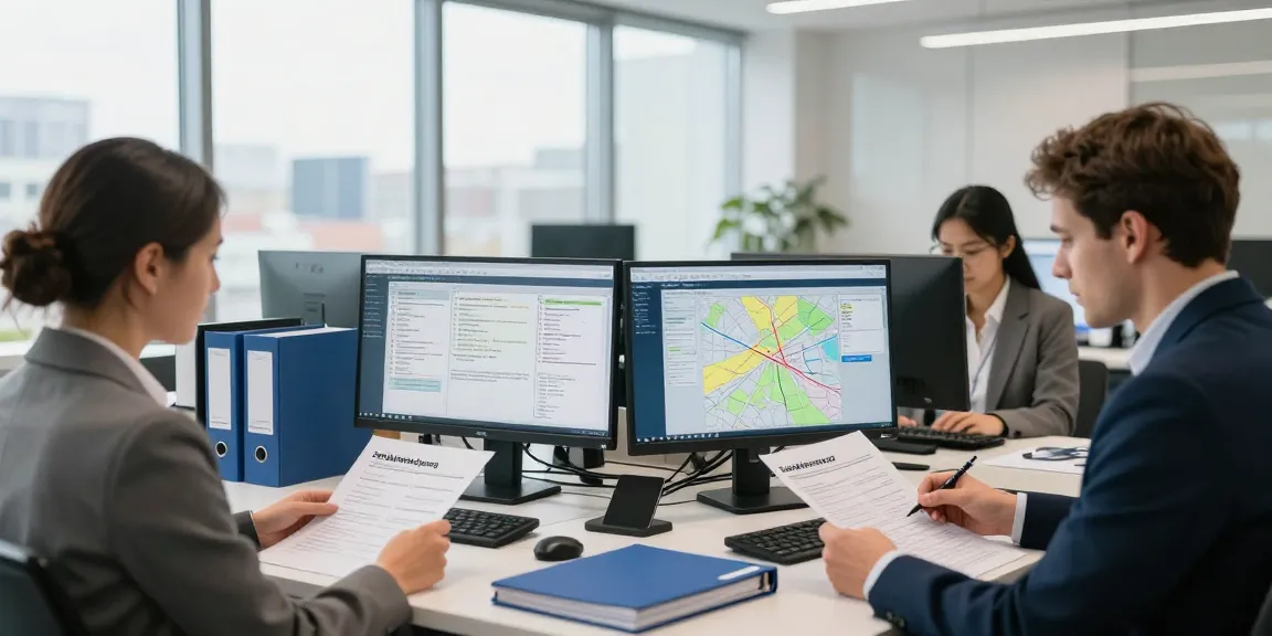 Zollabfertigung Dortmund in einem modernen Logistikbüro mit Teamarbeit und Dokumentenüberprüfung