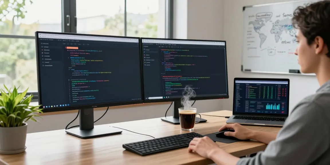快连 user in a modern workspace connecting to global networks using a VPN app with dual monitors and natural light.