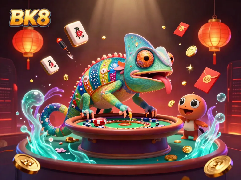 Experience BK8's vibrant and dynamic gaming atmosphere with a colorful chameleon casino owner.