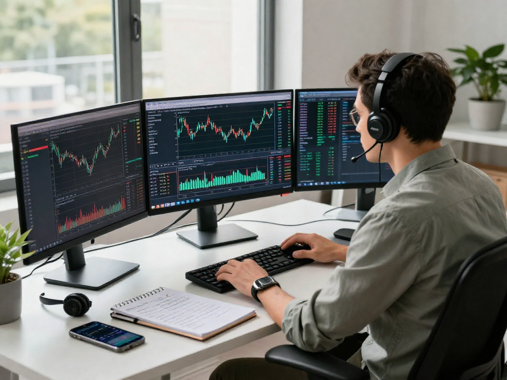 Engaged trader using MetaTrader 5 for in-depth market analysis in a modern workspace.