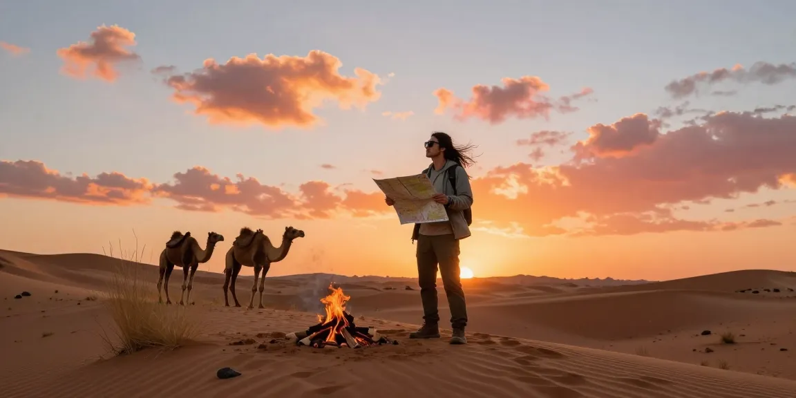 Traveler exploring slot desert landscapes during sunset, showcasing adventure gear and scenic views