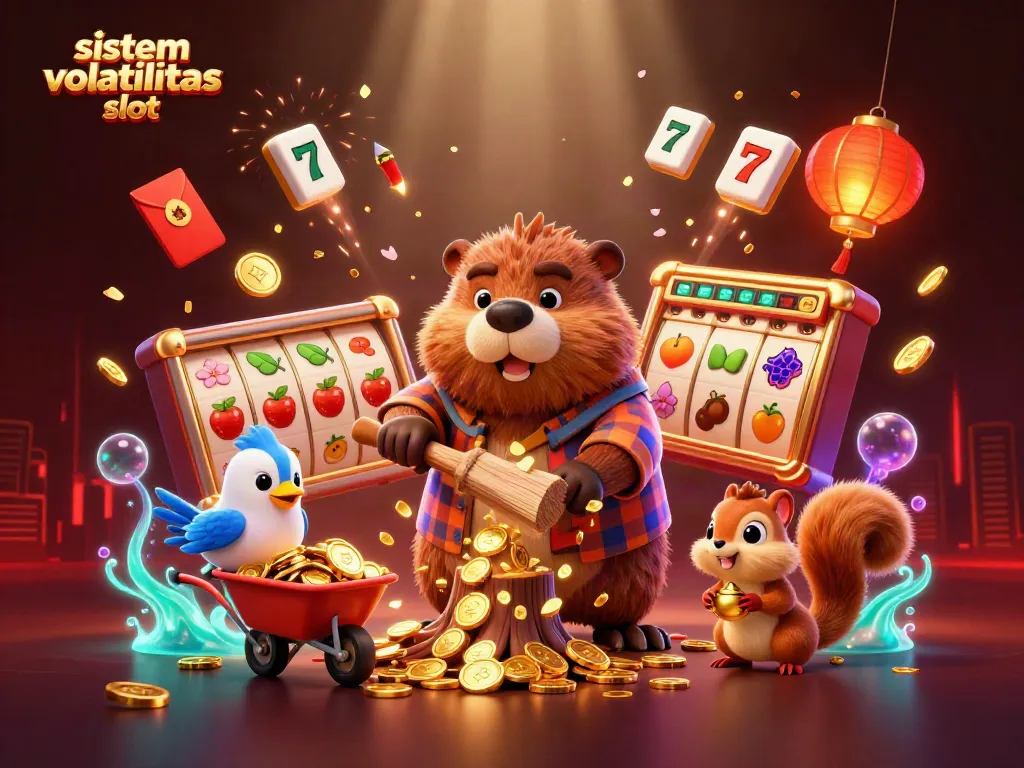 Menggali sistem volatilitas slot dengan karakter berang-berang, burung, dan tupai dalam ilustrasi kasino ceria.