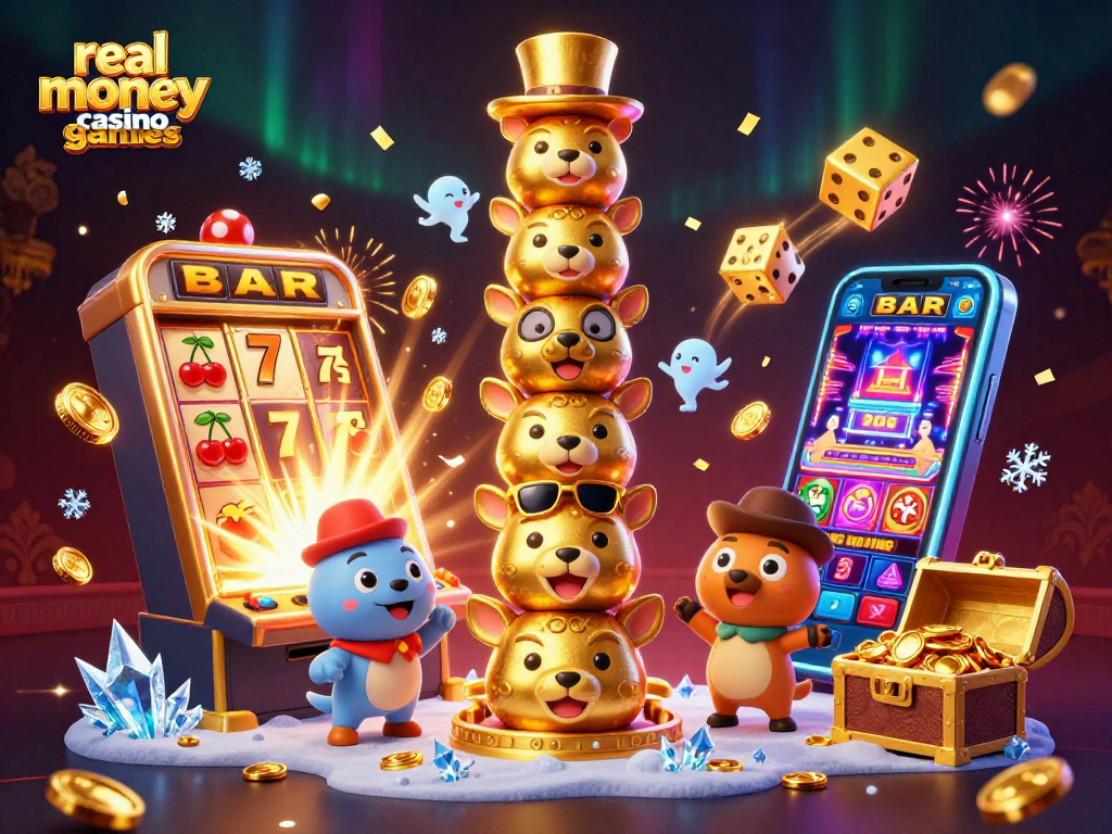 Experience immersive real money casino games with a vibrant 3D illustration of animated gambling characters.