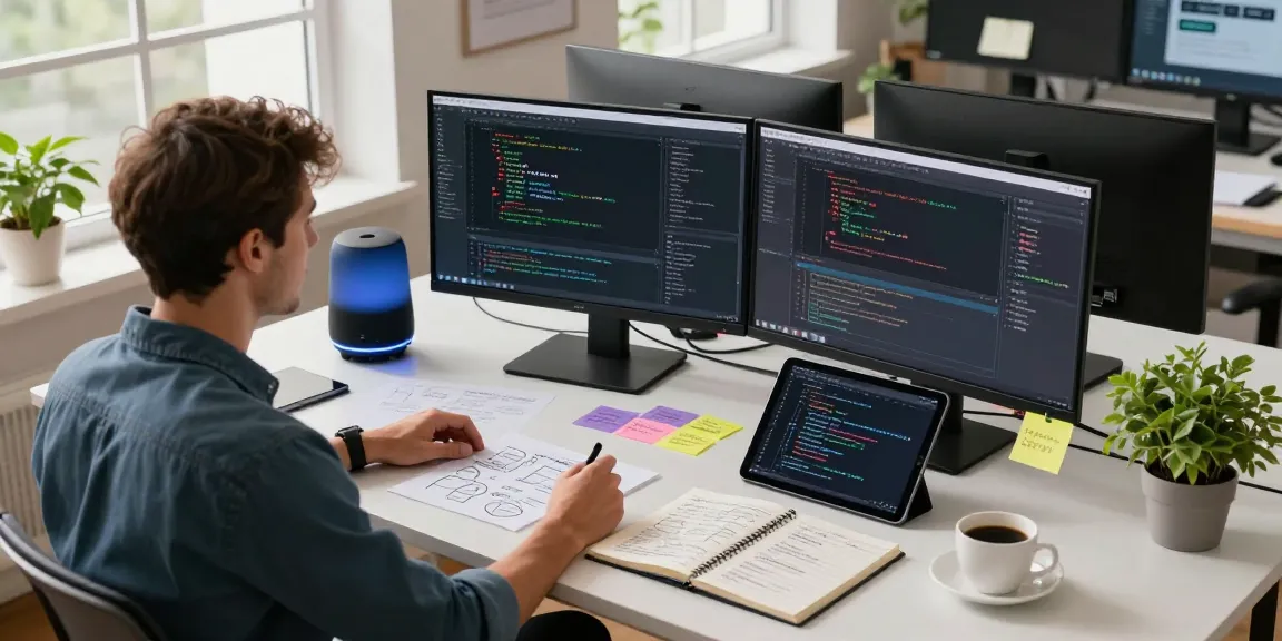 How does AI work depicted in a modern software development workspace with an engineer coding on multiple screens and brainstorming notes.