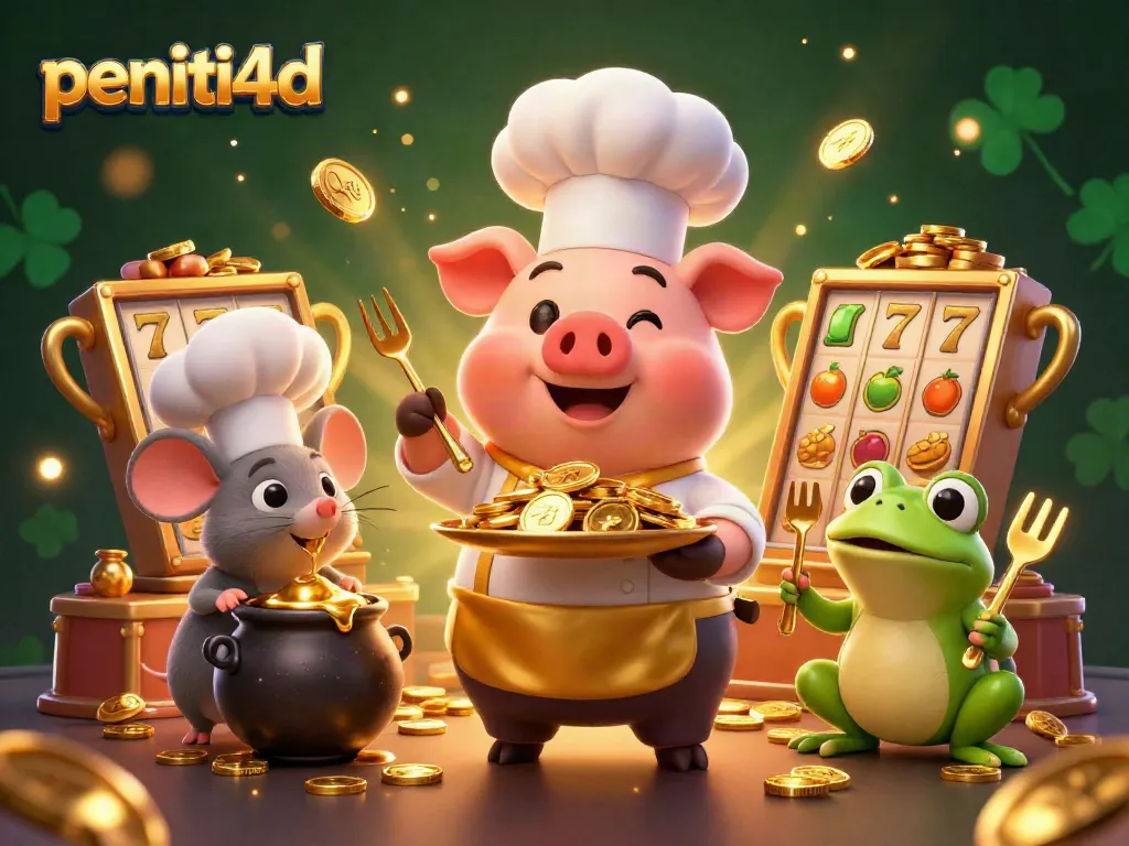 Permainan slot menarik di peniti4d dengan karakter koki babi menyajikan koin emas.