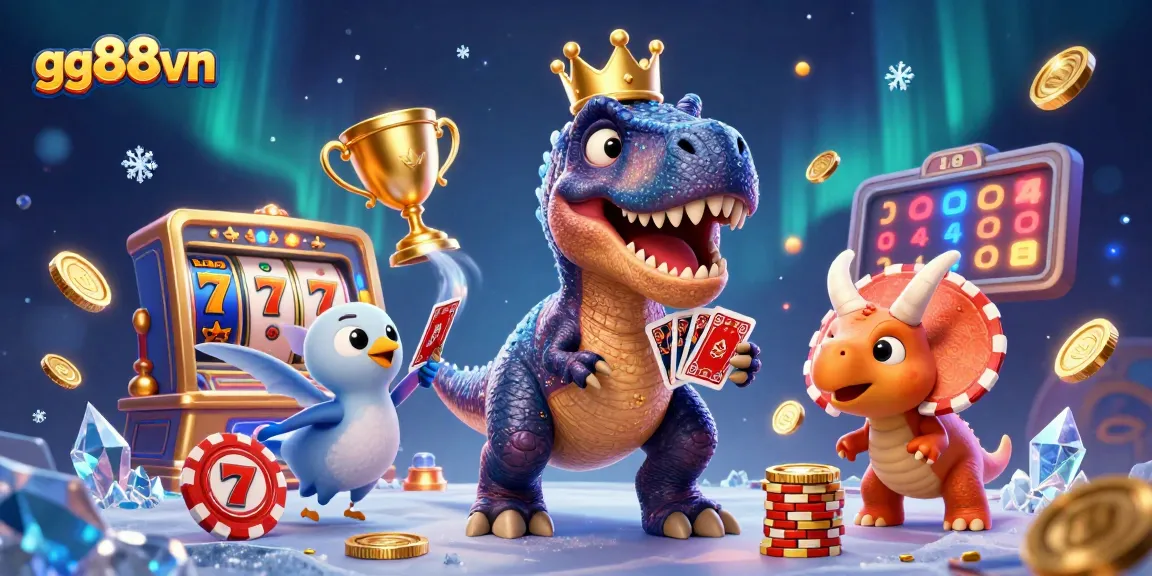 Win big with GG88VN as a T-Rex shuffles cards and a triceratops stacks chips in a vibrant casino.