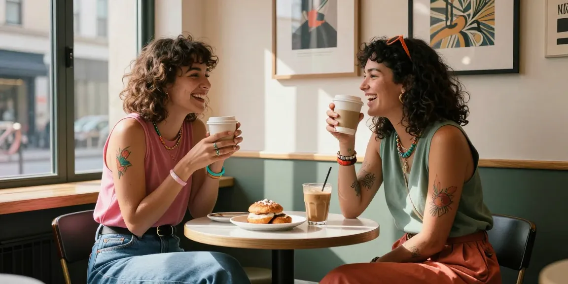 Women sharing laughter over coffee, representing vibrant lesbian porn lifestyle in a cozy café.