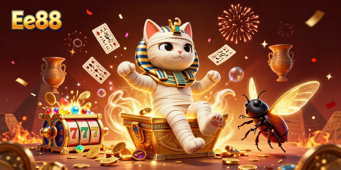 Experience the thrilling ambiance of Ee88 with a vibrant, dynamic casino scene featuring an Egyptian mummy and treasures.
