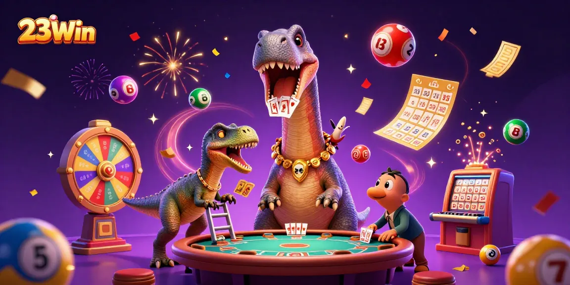 Experience the vibrant energy of 23Win with colorful lottery elements and dynamic 3D characters in a lively casino.