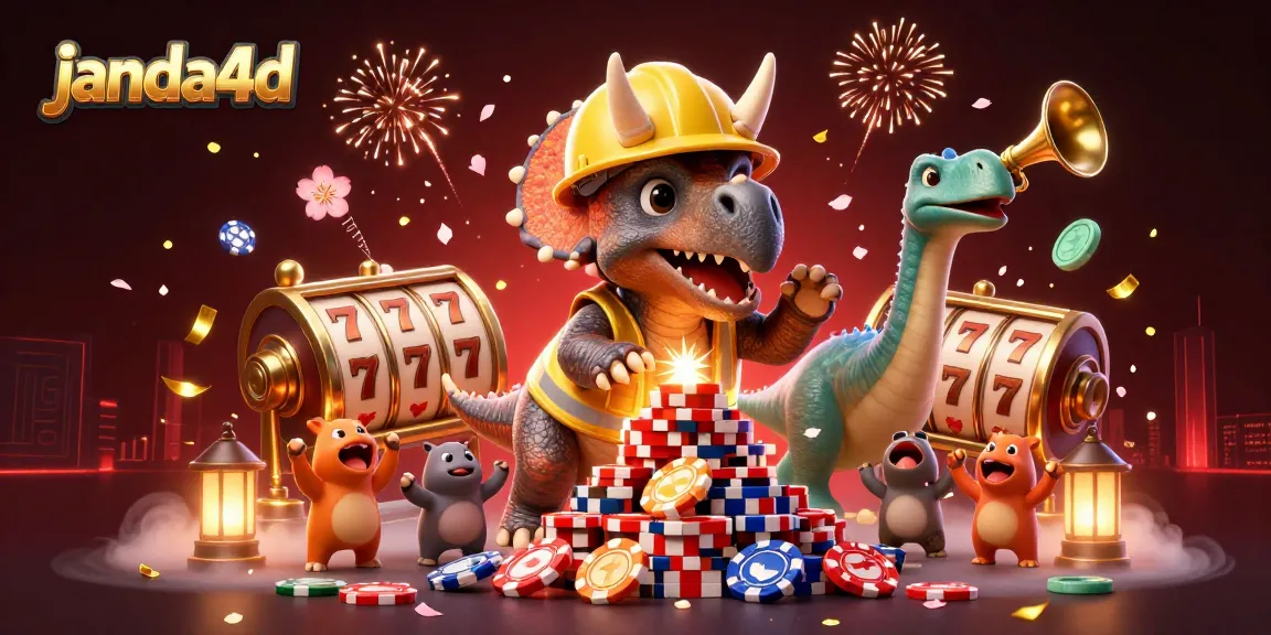 janda4d menampilkan triceratops membangun tumpukan chip poker dengan simbol keberuntungan di latar belakang kasino yang semarak