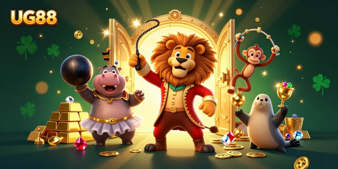 Experience the thrill of UG88 with playful casino characters amid a backdrop of dazzling treasures.