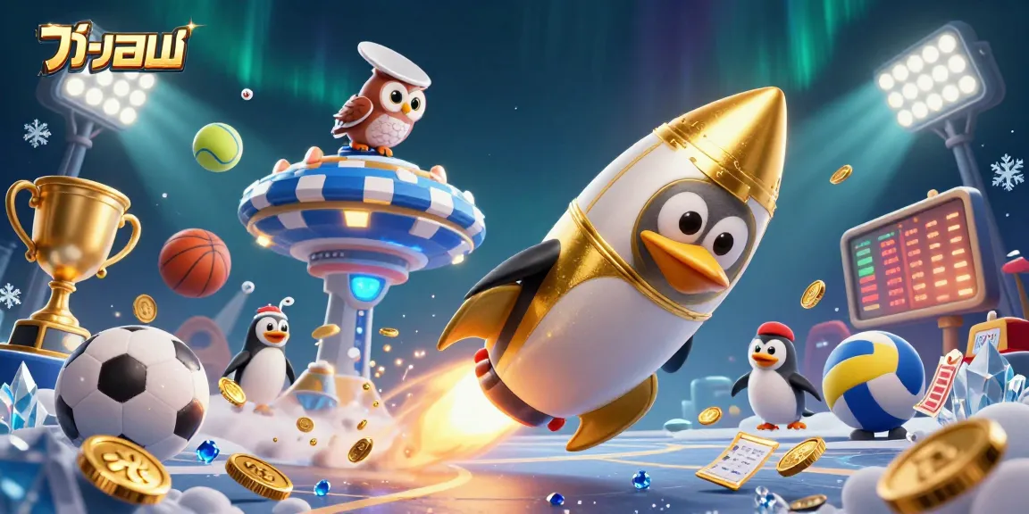 Engage in แทงบอล with an action-packed scene of sports betting excitement featuring a golden penguin.