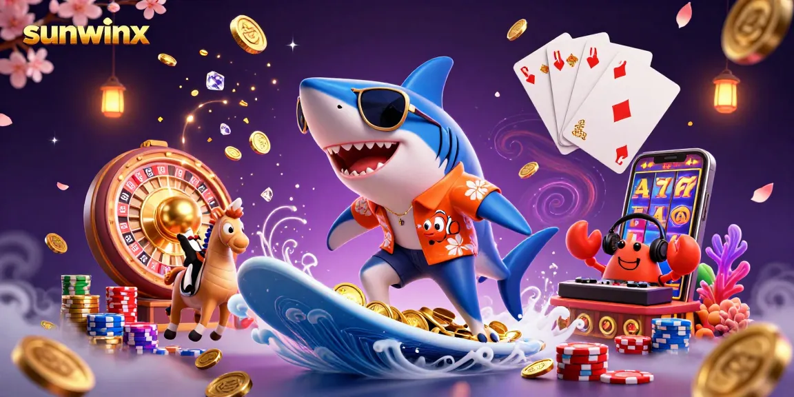 Surf thrilling with sunwinx, as a shark rides golden coins amidst dynamic casino elements.
