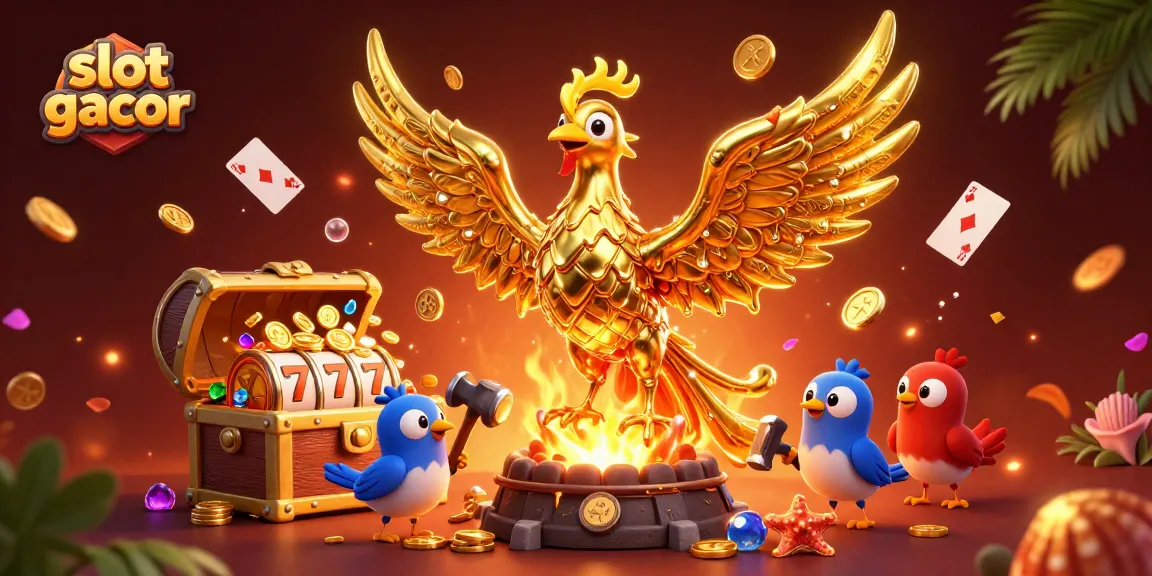 Experience the slot gacor action with a golden phoenix and dynamic casino elements in this vibrant illustration.