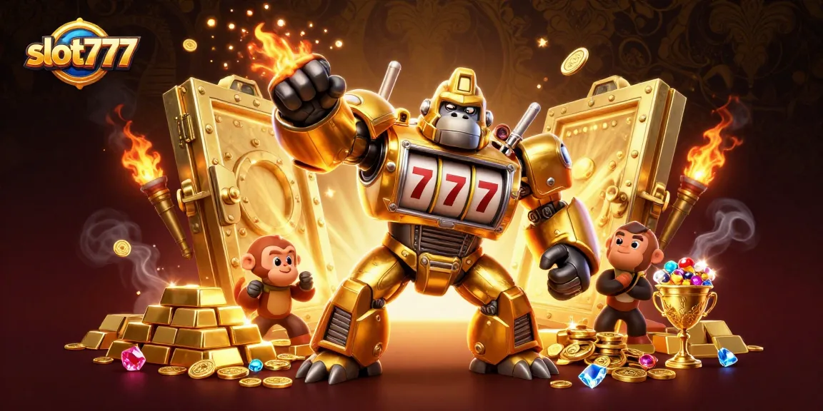 Experience excitement with slot777 in a vibrant illustration of a golden gorilla mech bursting with coins.