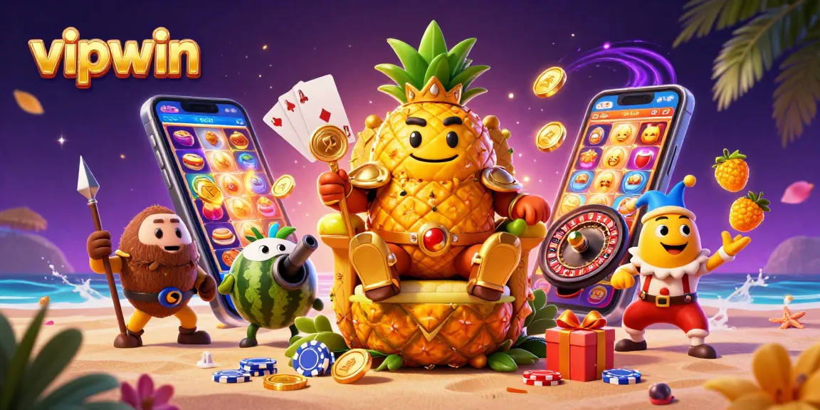 Experience the vibrant adventure of vipwin with a golden pineapple king and a beach casino backdrop.