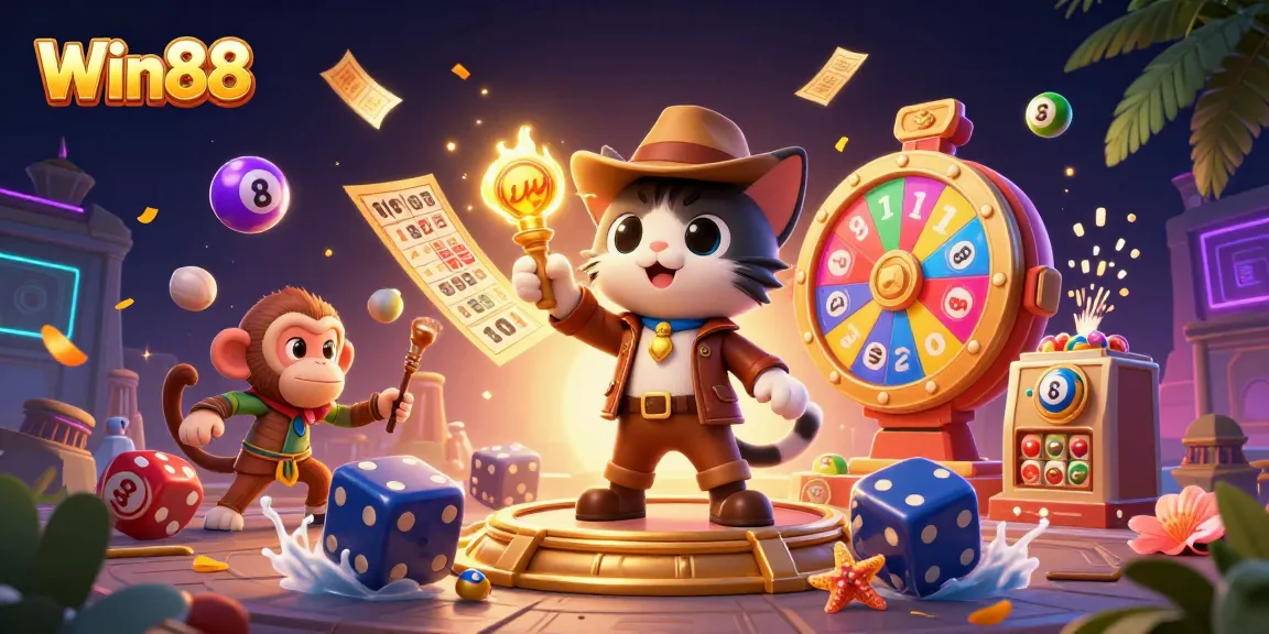 Win88 enchants players with a vibrant scene of colorful lottery elements and adventurers.