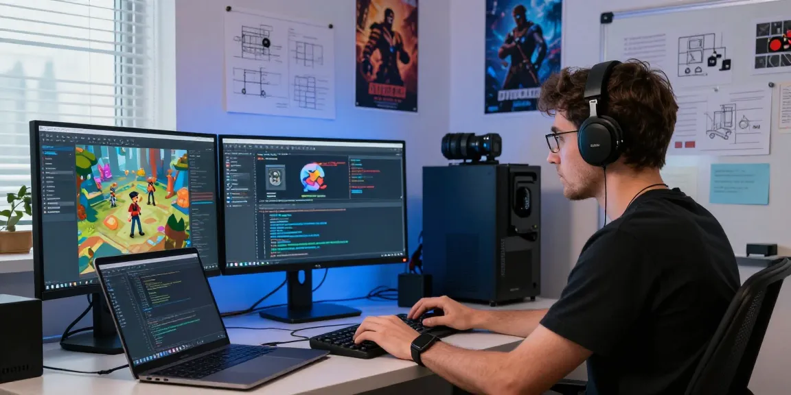 Developer coding FiveM assets in a vibrant workspace with gaming elements.