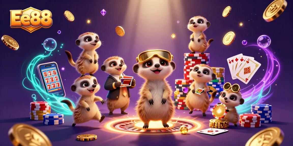Experience the vibrant Ee88 casino scene with meerkats and shimmering casino elements.
