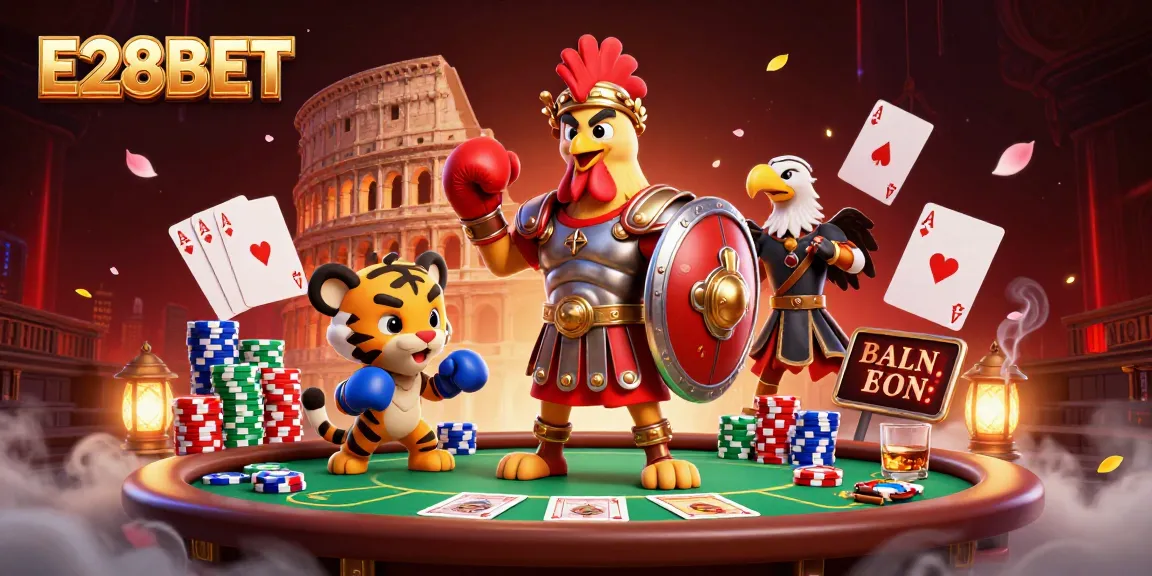 Join the thrilling world of E28BET with a vibrant 3D scene showcasing casino characters and action!