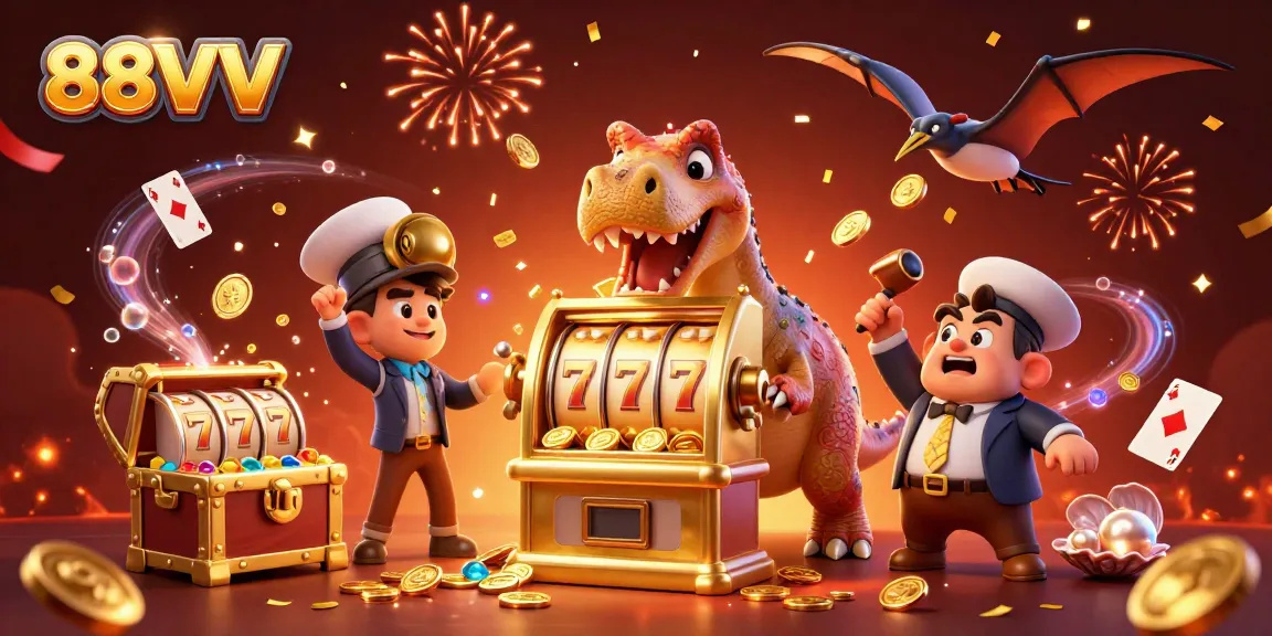 88VV offers a mesmerizing casino experience where a cartoon dinosaur celebrates a slot machine jackpot amidst gold coins and underwater treasures.