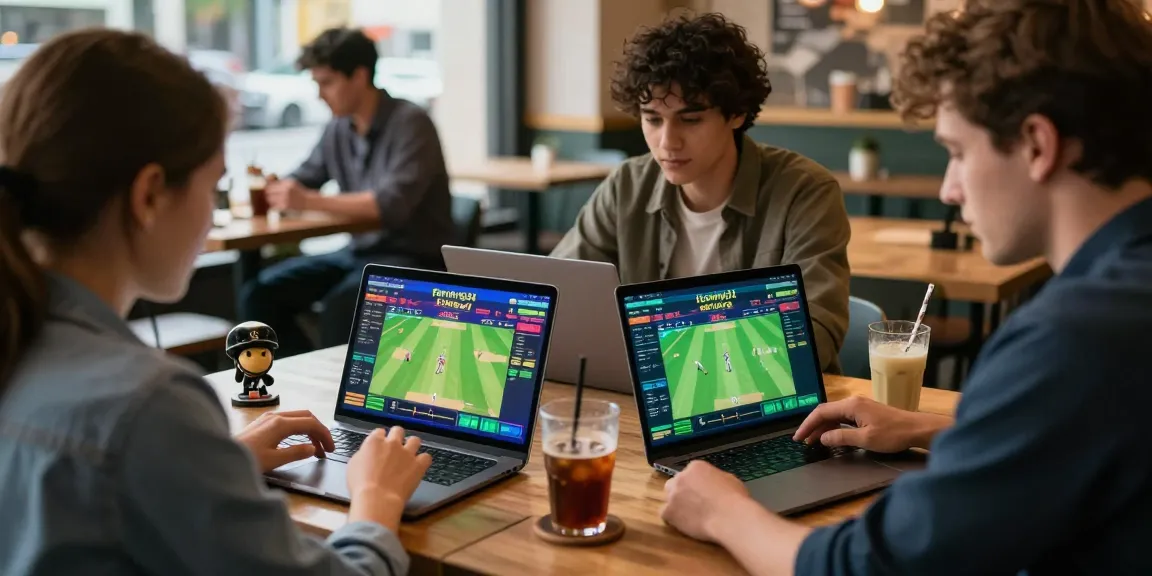 Engaged group betting on sports through Fairplay24 in a lively urban café with vibrant betting graphics.