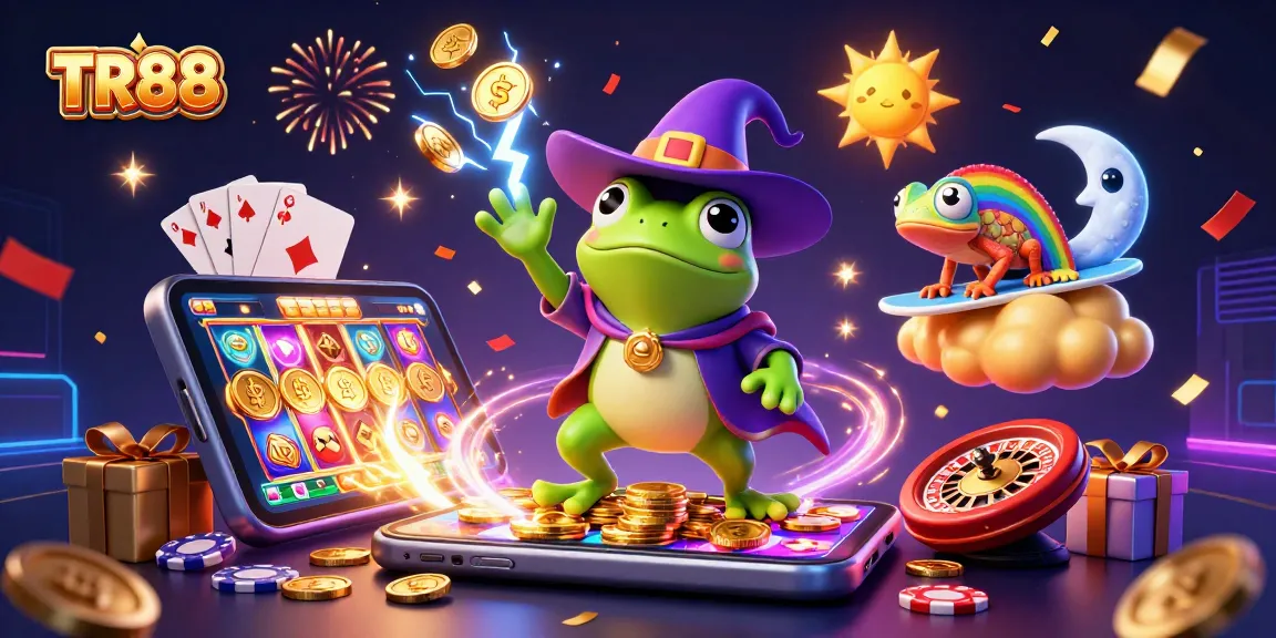 TR88 showcases a vibrant scene with a wizard frog and chameleon amidst gold coins and colorful slot game.