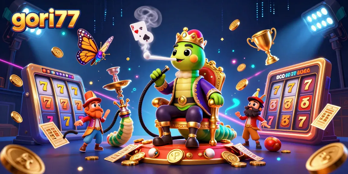 Engage with gori77's breathtaking casino scene featuring dynamic slot reels amidst vibrant colors.