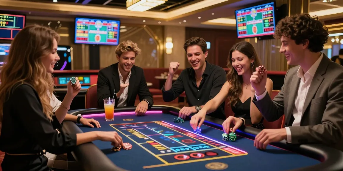 Suasana kasino modern dengan permainan roulette, tantegacor88 resmi saat teman-teman bersorak.