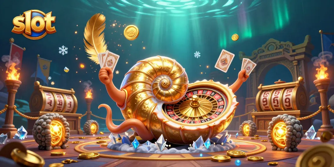 Menangkan jackpot di slot dengan ilustrasi 3D nautilus berkilau dan elemen kasino menarik.