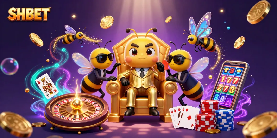 SHBET casino scene featuring a bumblebee mob boss, sparkling gems, and dynamic roulette action.