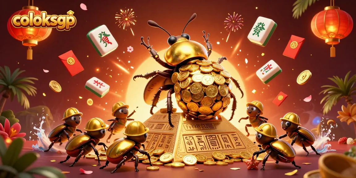 Engage in exciting betting with coloksgp featuring a golden beetle rolling coins at a shining pyramid.