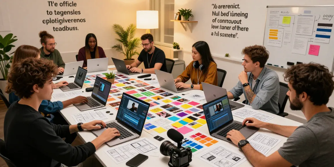 Creative professionals collaborating in a dynamic media source production studio.