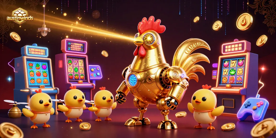 Engage with the austinwinds gaming experience featuring dynamic slot machines and a retro-futuristic golden rooster robot.