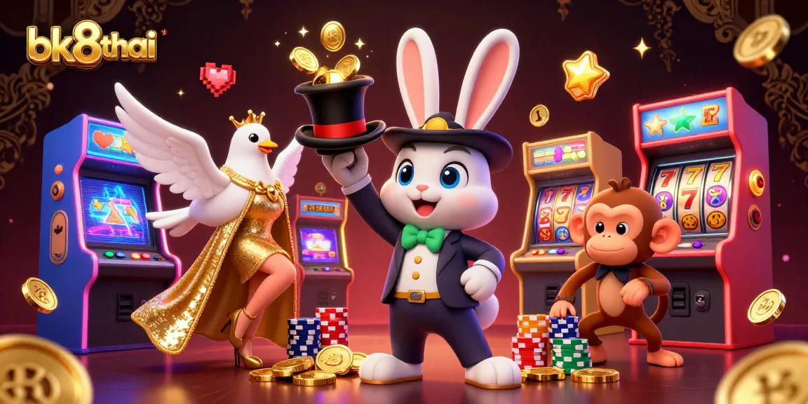 Spin to win with bk8thai as a magician rabbit conjures golden coins amidst vibrant casino elements.