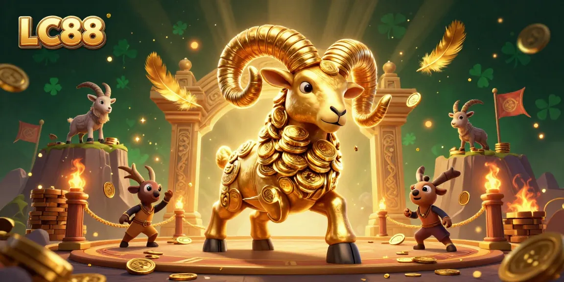 Experience thrilling adventures at LC88 with a golden ram charging towards a monumental gate in an energetic casino scene.