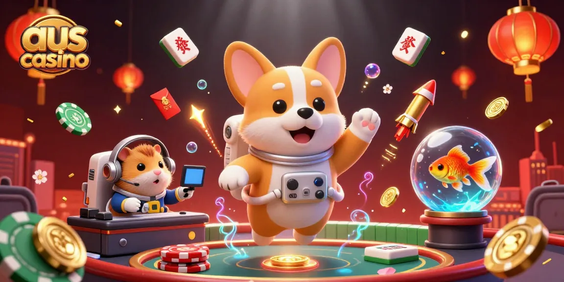 Engaging scene featuring aus casino characters: a floating corgi, hamster, and goldfish amid colorful game elements.