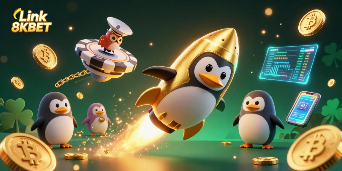 Experience thrills with Link 8KBET as a penguin blasts through space towards a casino!