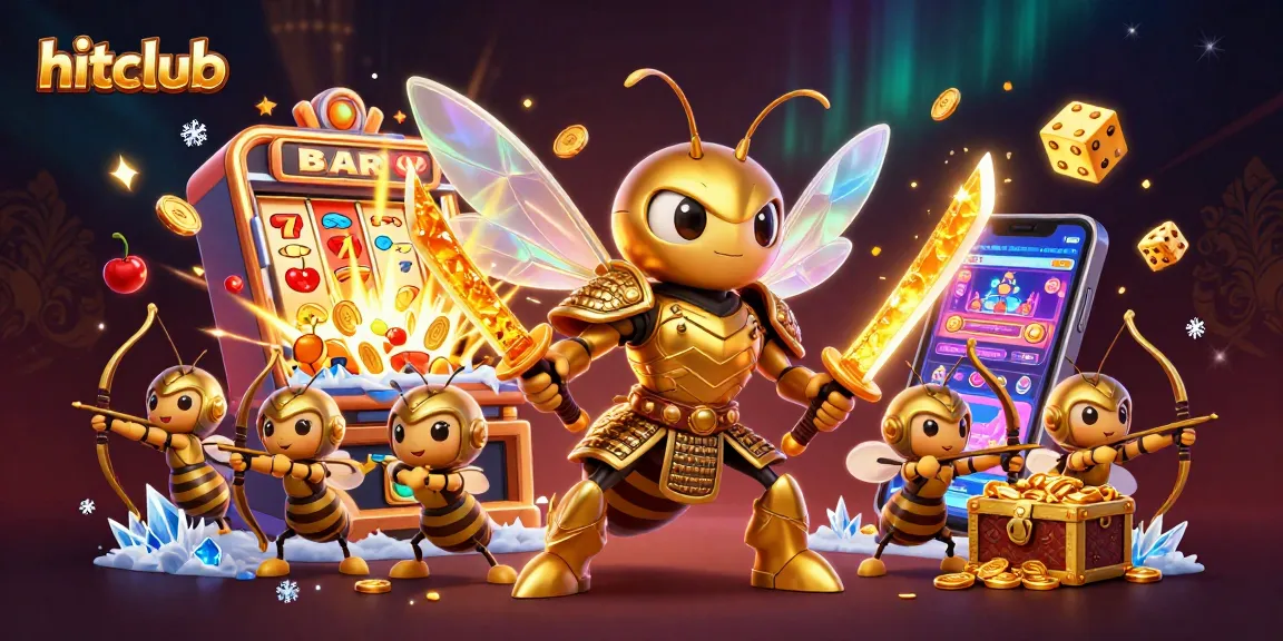 Hitclub offers thrilling gameplay with a golden hornet samurai and diverse casino elements exploding in vibrant light.
