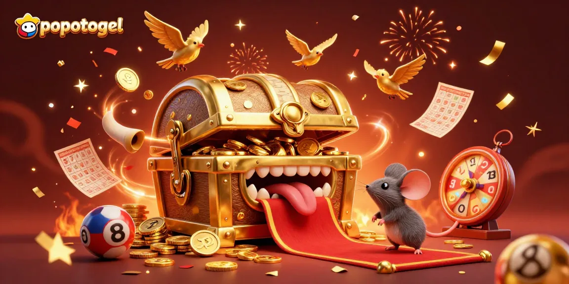 Join the excitement of popotogel lottery with vibrant 3D elements and celebratory visuals.
