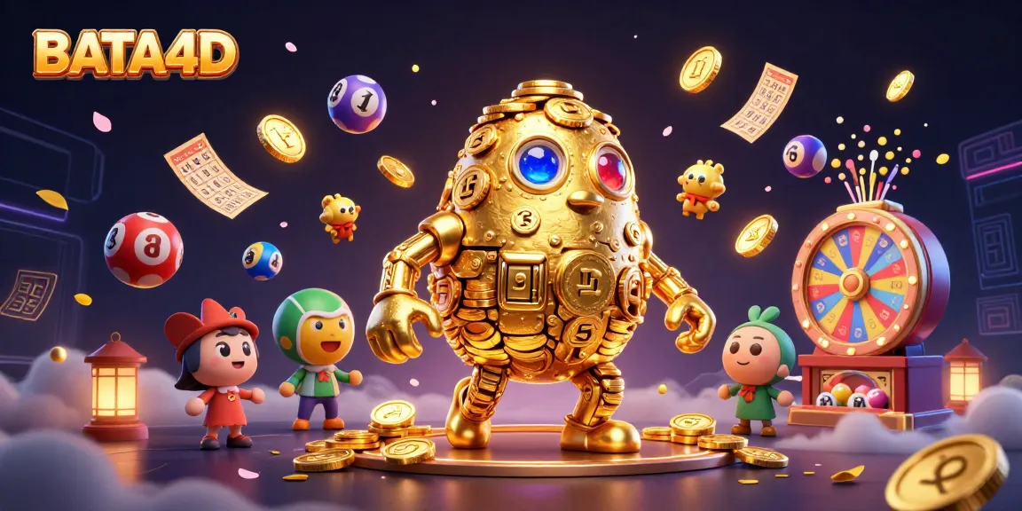 BATA4D's dynamic casino scene showcases a golden golem surrounded by lottery elements, creating a captivating gambling atmosphere.
