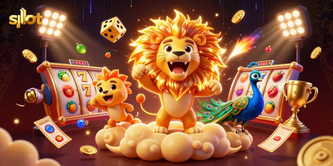 Menggoda pemain slot dengan simbol beruntung dan jackpot yang melayang di sekitar singa mengagumkan ini.
