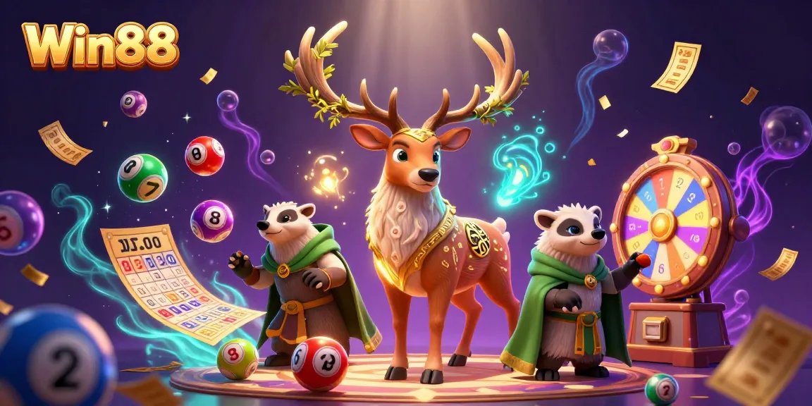 Win88 offers a vibrant gaming experience with colorful lottery balls and mystical characters.