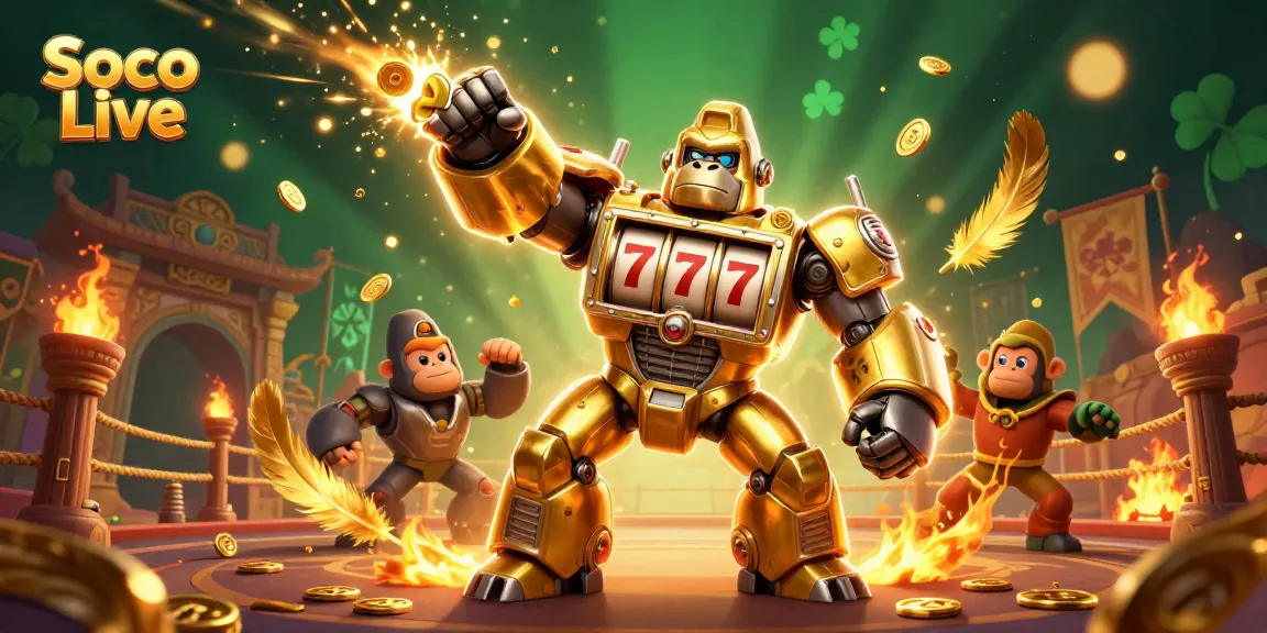 Soco Live enhances the gaming experience with dynamic golden gorilla mech and slot machine elements.