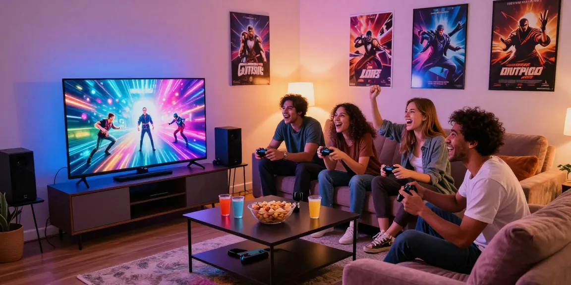 Friends enjoying gaming on INDOCAIR in a lively living room