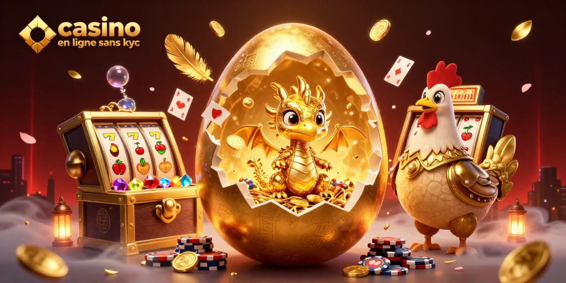 Illustration captivante de casino en ligne sans KYC avec un œuf d'or, un dragon doré et des jetons de poker.