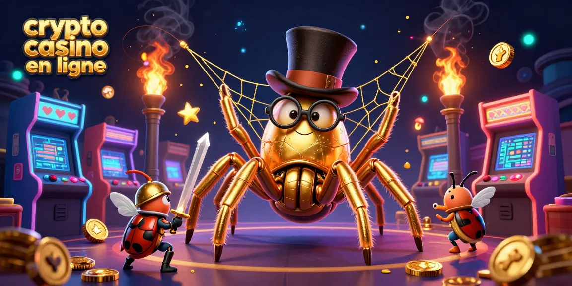 Découvrez un crypto casino en ligne où une tarentule dorée file un réseau entre des piliers de casino avec un valeureux scarabée.